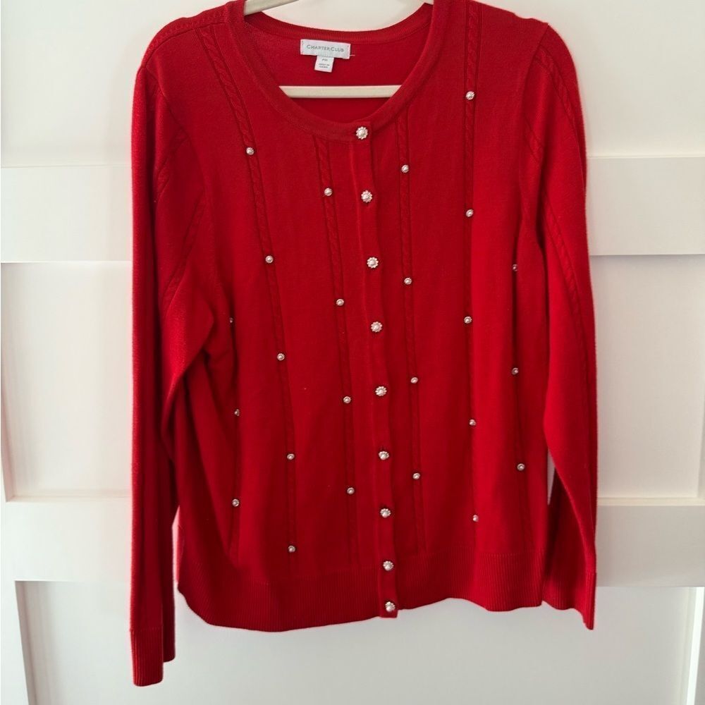 Charter Club Red Sweater with Pearl and sparkle Accents petite XL
